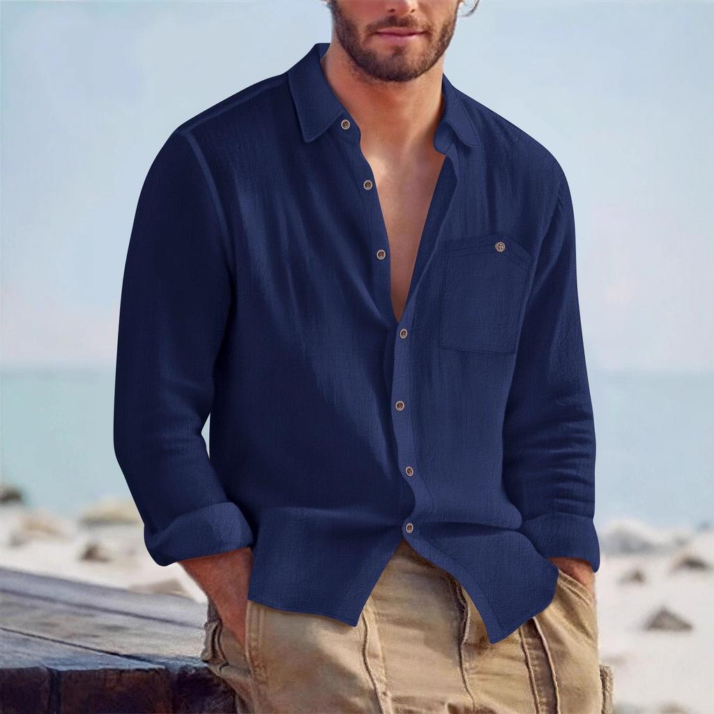 Autumn New Arrival Men's Solid-Colour Collared Cardigan Linen Loose-Fit Casual Long-Sleeved Shirt