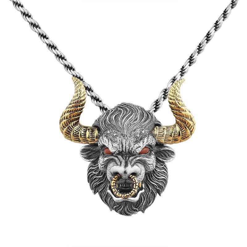 Bull Head Pendant Men s Necklace Retro Domineering Personality Hip-hop Bull Demon King Bull Aura Soaring Pendant Necklace 60CM