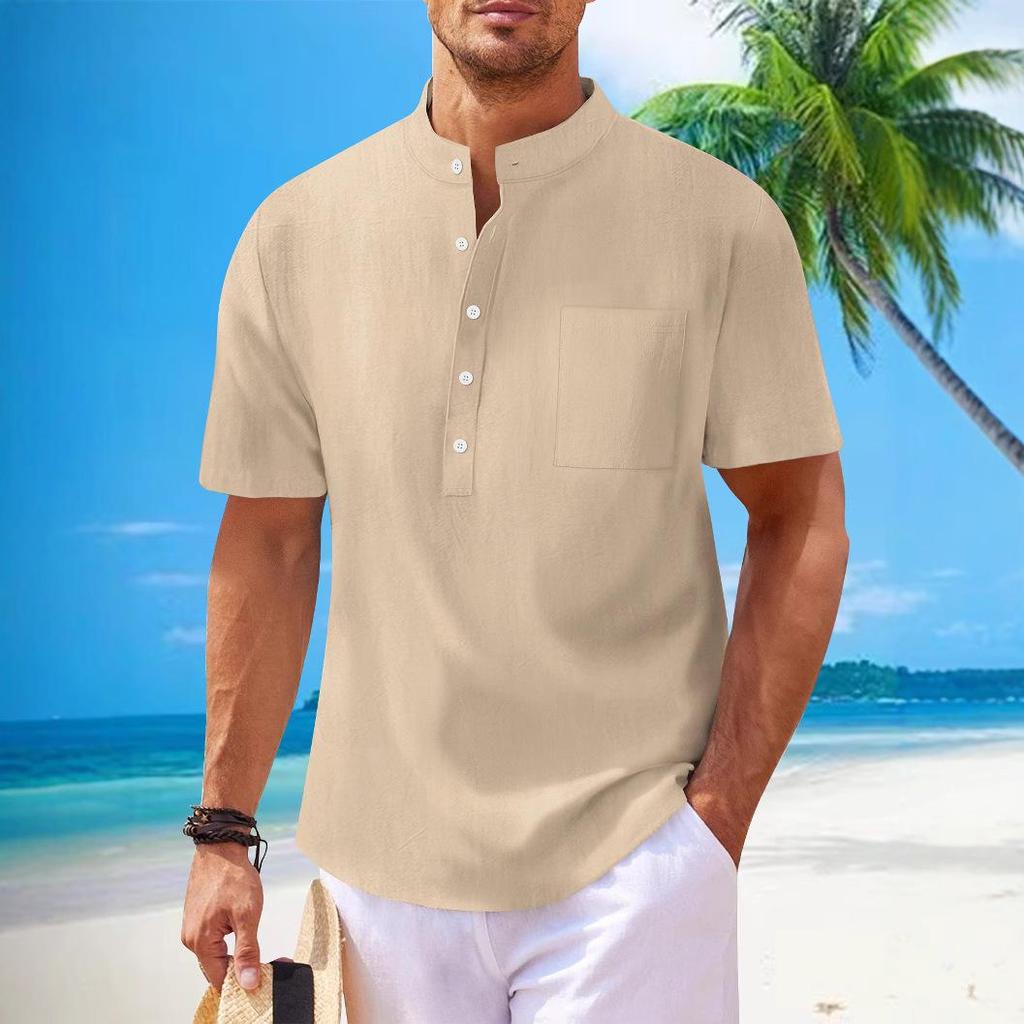 Men’s Cotton Linen Stand Collar Short Sleeve Henley Shirt - Casual & Versatile