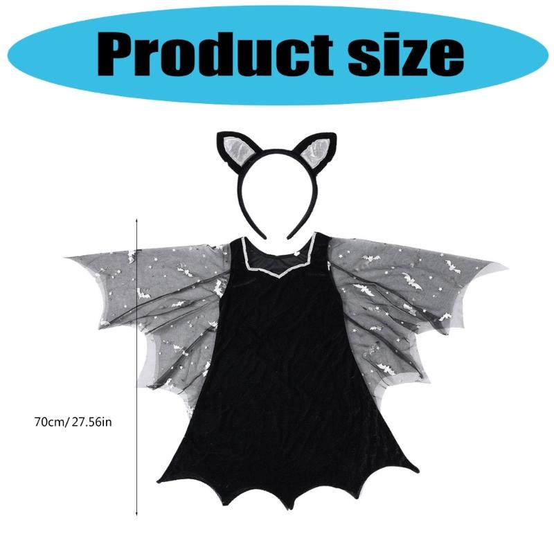 2Pcs Bat Wing Dress Bat Ears Headband Halloween Vampires Cosplay Costume Set for Kids Girls Bat Costumes Accessories