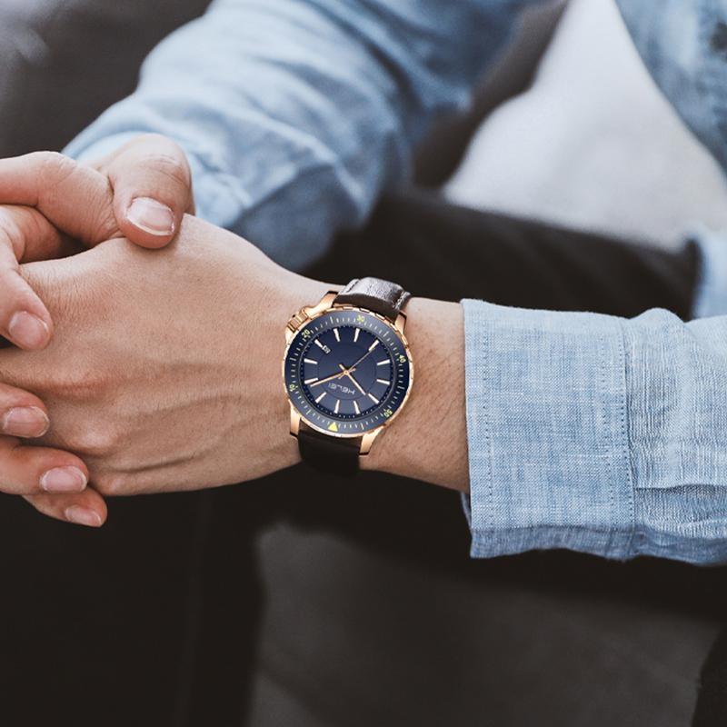 HELEI Mode Sport Quarz Uhr Datum Magnetisches Silikon Leuchtarmband Herren Leder Armbanduhr