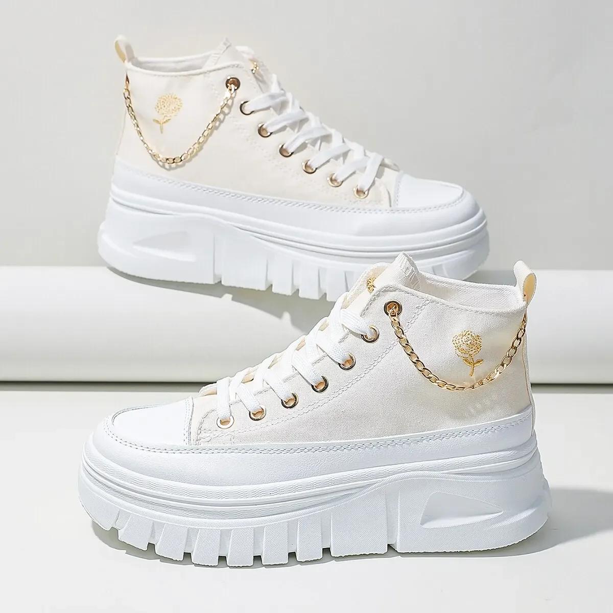 

Модные парусиновые модные повседневные удобные кроссовки, увеличивающие рост, женские туфли RoseChain, женские туфли со шнуровкой спереди, высокие на плоской подошве 35