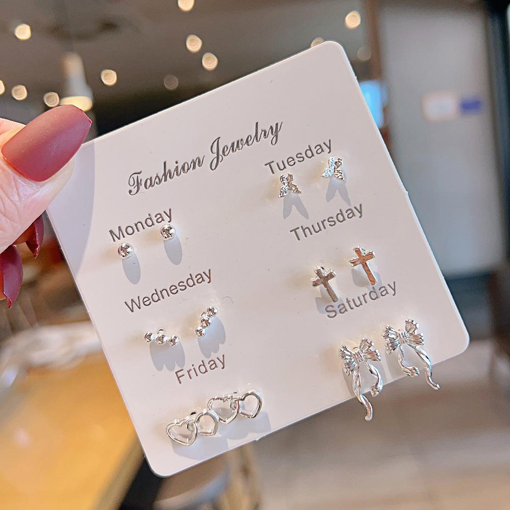 New small fresh one-week stud earrings set 1 pair combination Korean version sweet love bow fairy temperament earrings