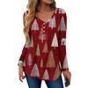 Women's Fashion Casual Christmas Tree Print V-Neck Decorative Button Long Sleeve T-Shirt Top