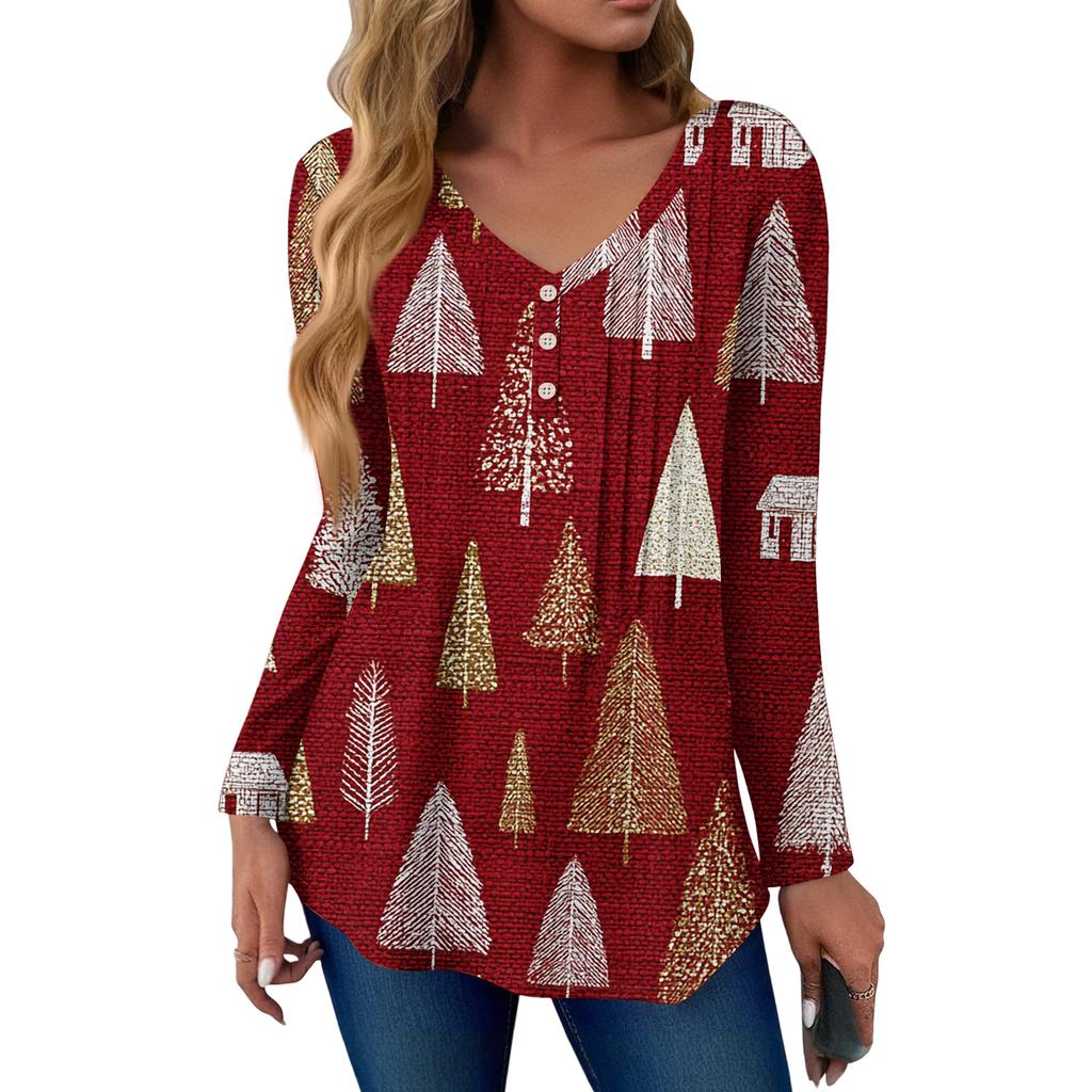 Women's Fashion Casual Christmas Tree Print V-Neck Decorative Button Long Sleeve T-Shirt Top