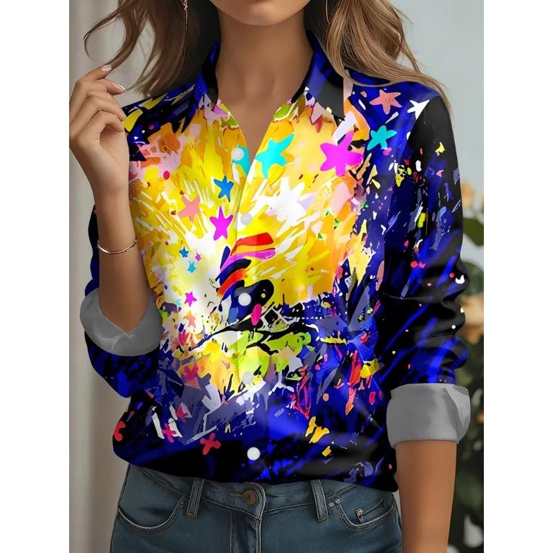 2026 Autumn New 3D Floral Print Blouse Ladies Long Sleeve Button Laple Loose Shirt Tops Casual Fashion Spring Women's Clothing