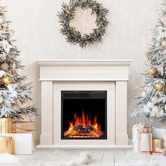 43 Inch Fireplace TV Stand with Mantel - Electric Fireplace Heater, Wooden Entertainment Center, Adjustable LED Flame, Freestand