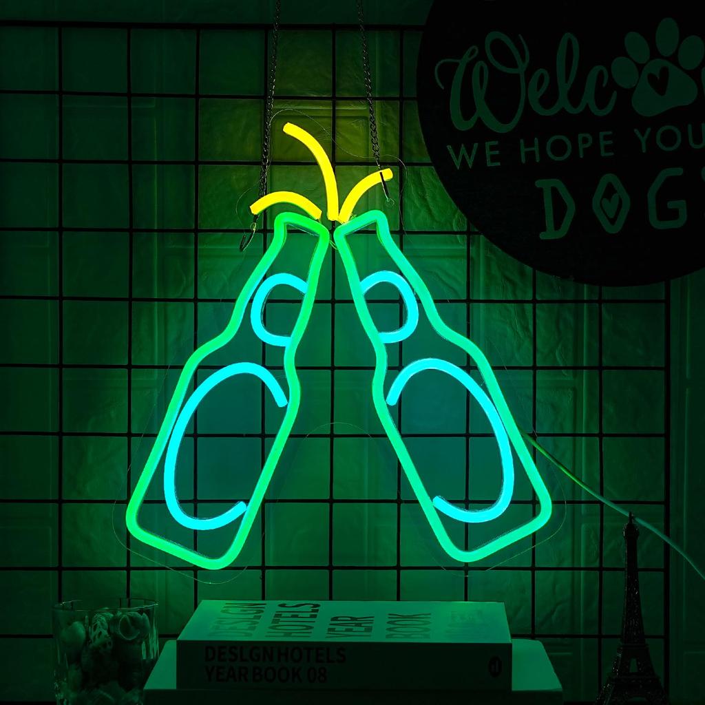 Alkkign Beer Neon Light Up Bar Green Cheers Neon USB Powered Neon Bar Sign for Wall Bar Sign for Home Izakaya Man Cave Party Sign, Sign, Sign, Decor,