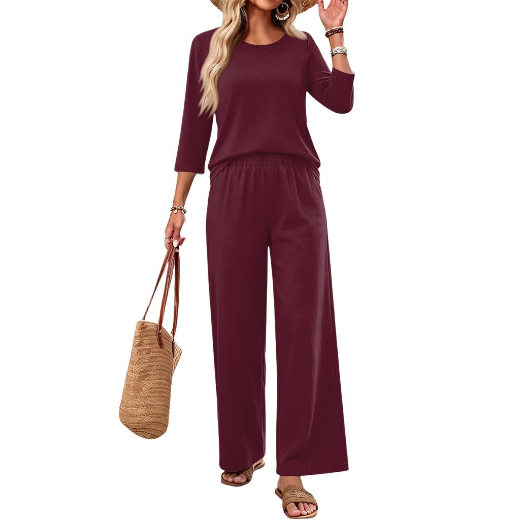 Women Casual Fashion Loose Fit Round Neck Three Quarter Sleeve Top Wide Leg Pants Set Lounge Wear Two Piece Outfit