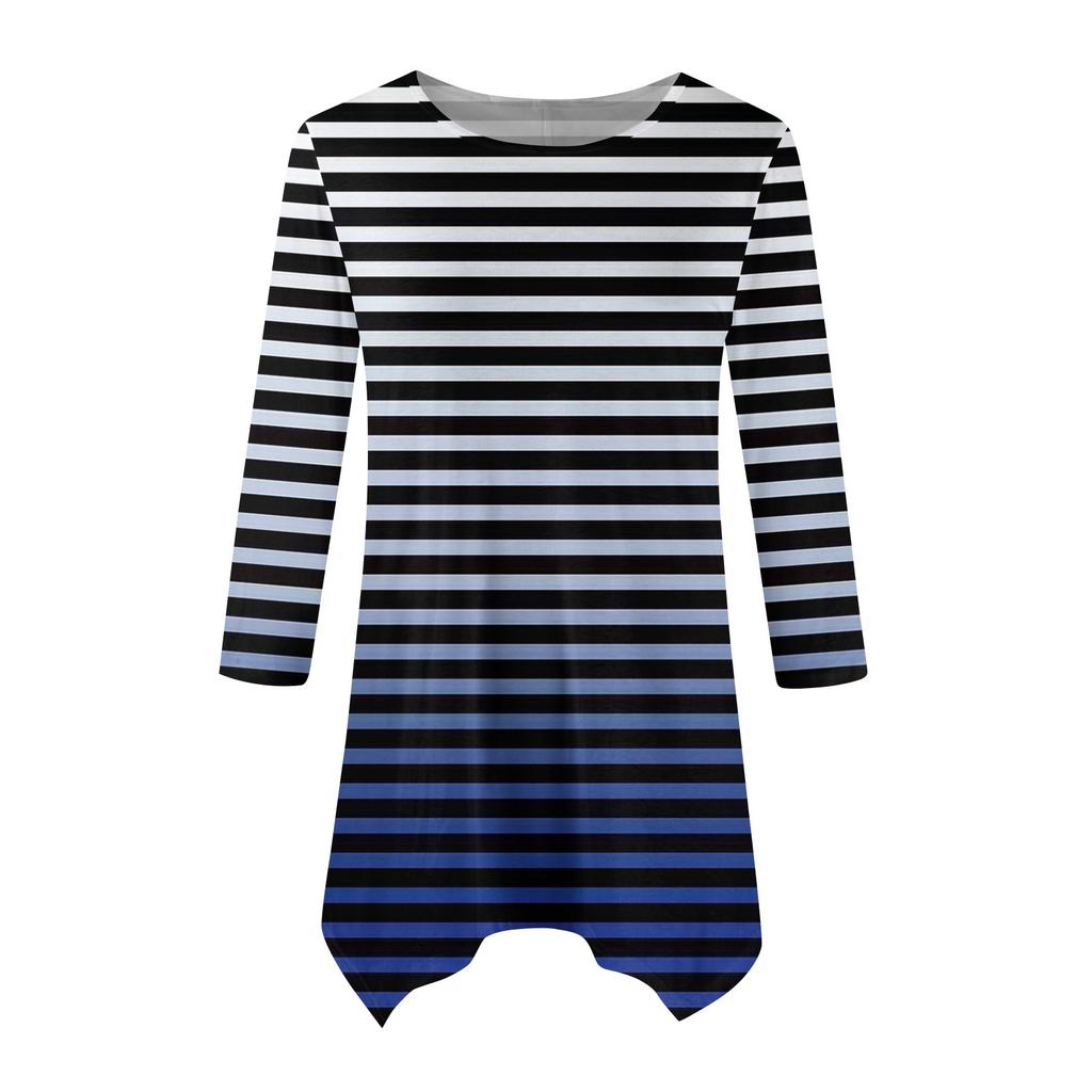 Women's Fashion Casual Round Neck Striped Printed Seven-point Sleeve Shirt Belted Loose Comfortable Top