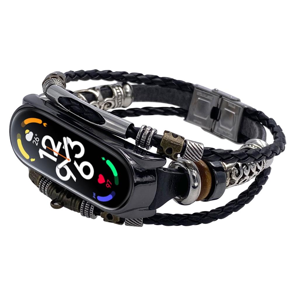 For Xiaomi Mi Band 7 Leather Strap Metal Snap Retro DIY Smart Watch Band Replacement Bracelet Black and Black