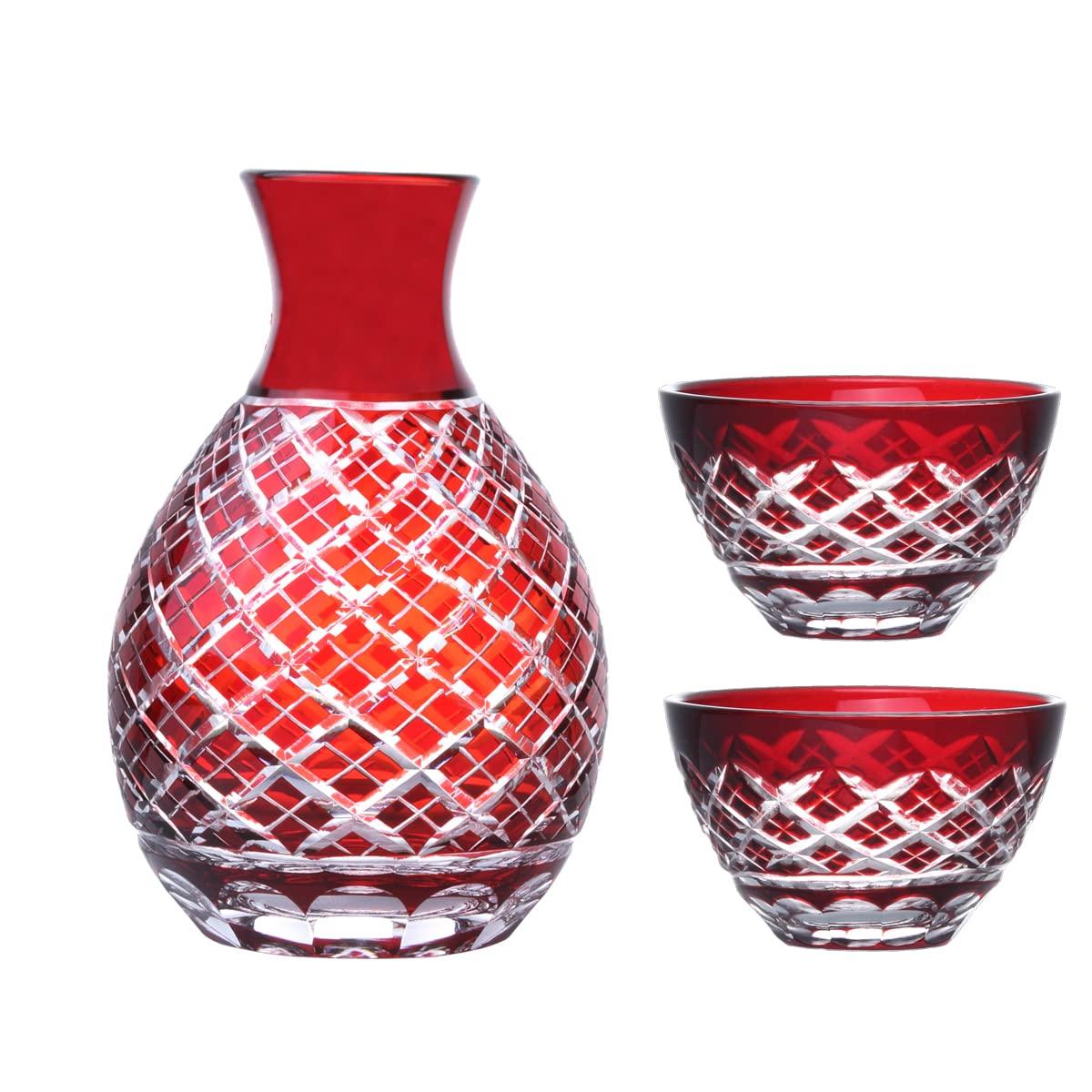 

Nostalgia Kiriko Glass Cups for Sake of 1 Sake Bottle and 2 Sake Diamond Pattern Red Current Model J-kitchens (Set Cups)