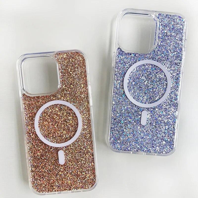 Clear Glitter Bling Magnetic Case for iPhone 14 13 12 Pro Max Plus Cover for MagSafe Wireless Charging Soft Silicone Cover Funda