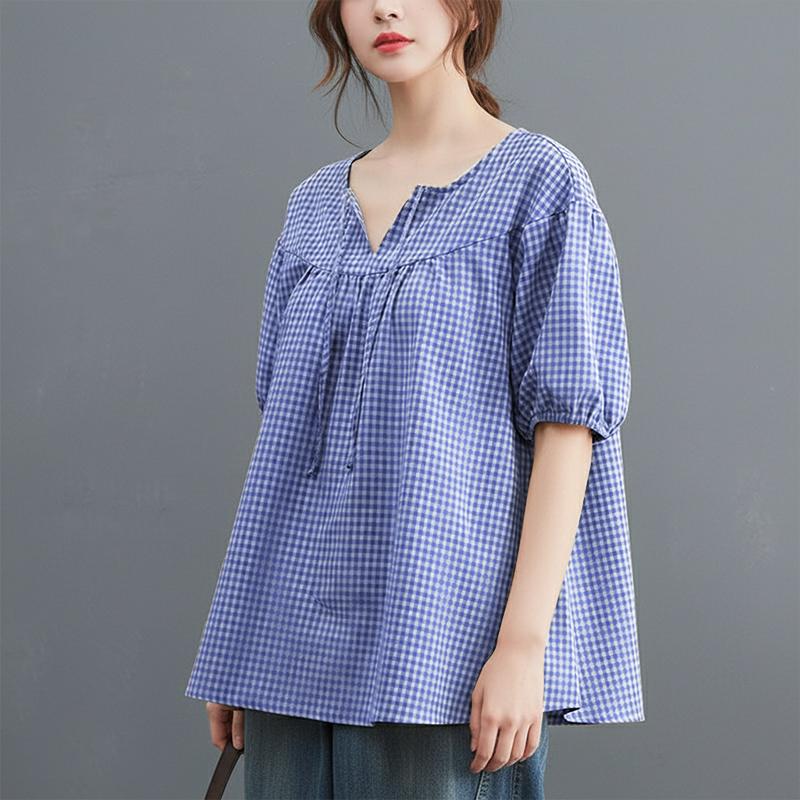 ZANZEA Women Plaid Print Casual Round Neck Half Sleeve Blouse