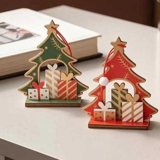 Wooden Christmas Tabletop Decorations Tree Decoration, Winter Xmas Gift Box Tiered Decorative Figurines for Home Tray Centerpiece, Rustic Table