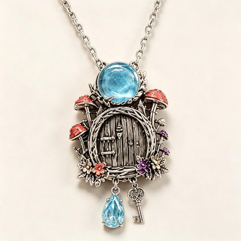 Mushroom Cottage Pendant Necklace with Dimensional Relief, Floral and Leaf Details, Blue Teardrop Dangle, and Vintage-Inspired Alloy Finish