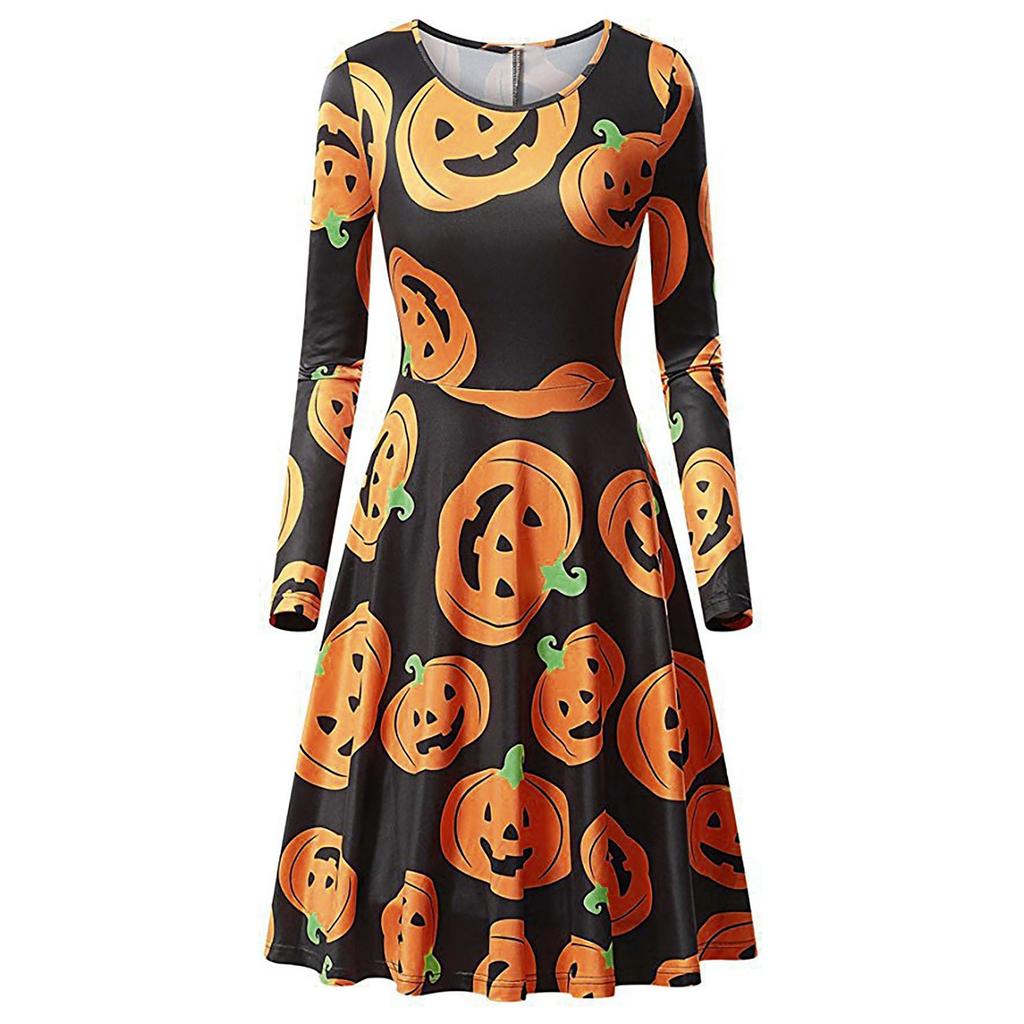 Women Casual Fashion Long Sleeve   Printed Halloween Dress