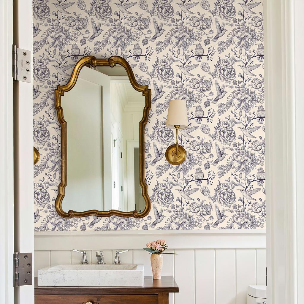 Floral And Birds Vinyl Line Wallpaper Chic Peel And Stick Blue Flower Wall Stickers Classic Self Adhesive Wall Contact Paper