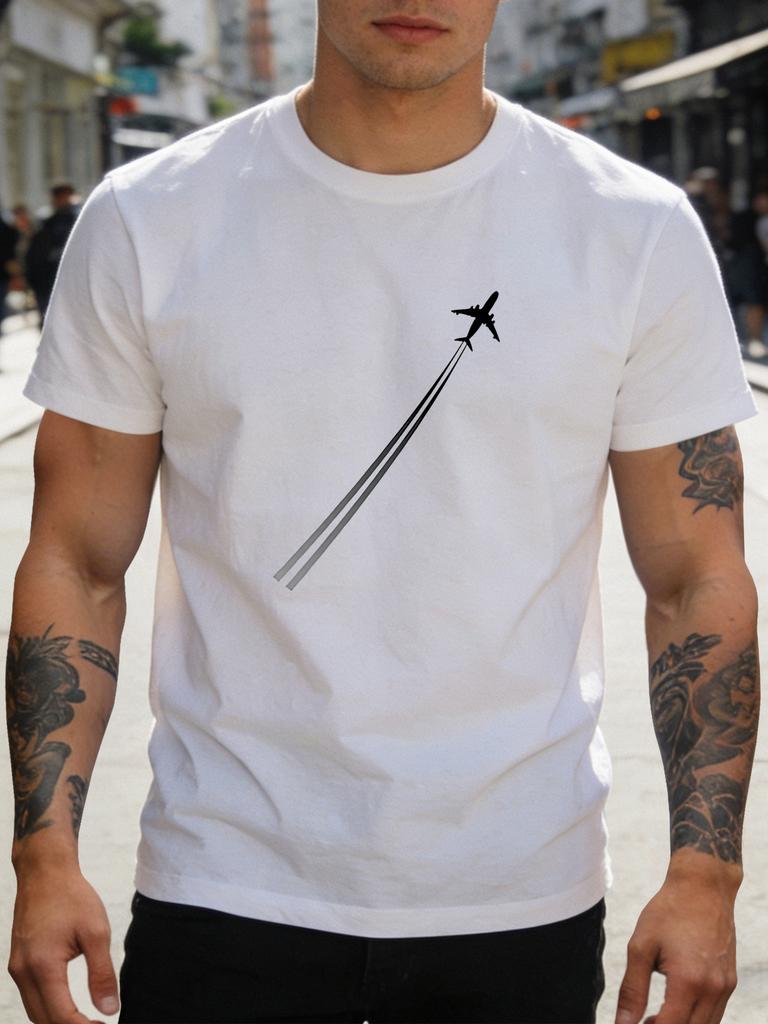 Unisex Red Tee Minimal Airplane Contrail Graphic Print Short Sleeve Loose Casual Street Basic Top For Adult Male Daily Wear Outfit