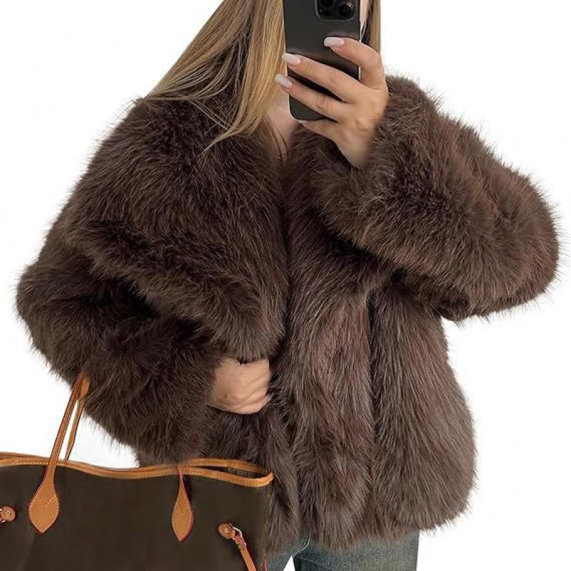 Womens Faux Fur Coat With Collar Long Sleeve Winter Outerwear In White Beige Pink Black Burgundy Coffee Gray