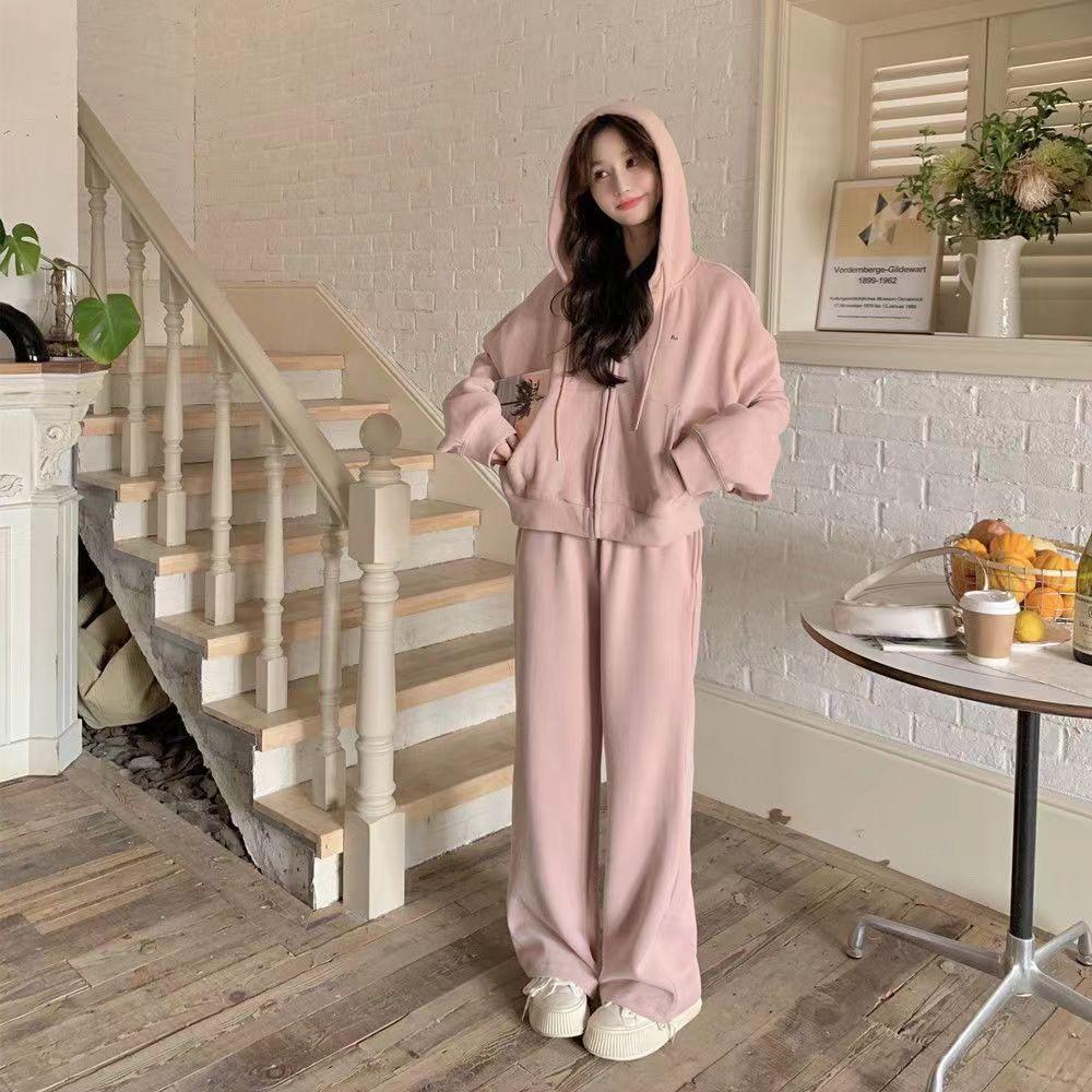 2024 Women's College Style Cotton Hoodie & Wide-Leg Pants Set - Spring/Autumn Casual Wear