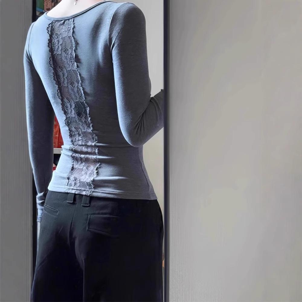 Elegantes Damen Frühlings Spitzen-Patchwork V-Ausschnitt Langarmshirt