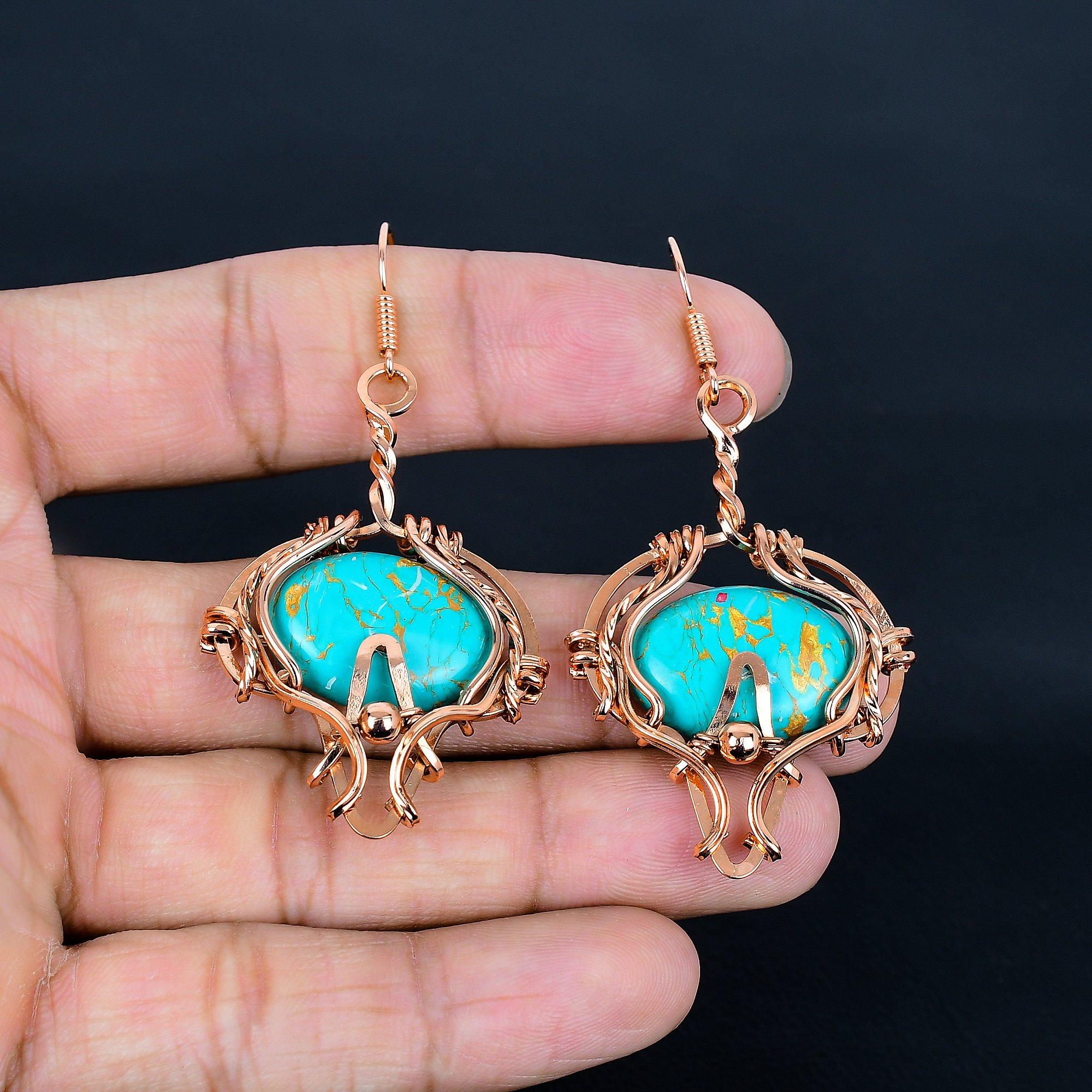 

Arizona Turquoise 999 Copper Wire Wrapped Earrings, Handmade Gemstone Jewelry Earrings For Memorial Day 2.55 Inches