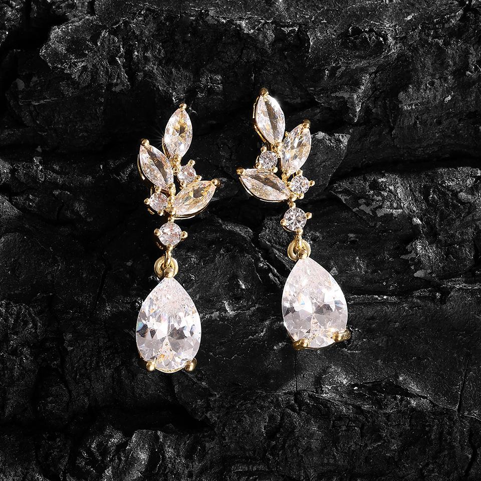 ZAKOL White Zircon Leaf Dangle Earrings for Women Shinny Water Drop Crystal Flower Pendant Earring Bridal Wedding Jewelry
