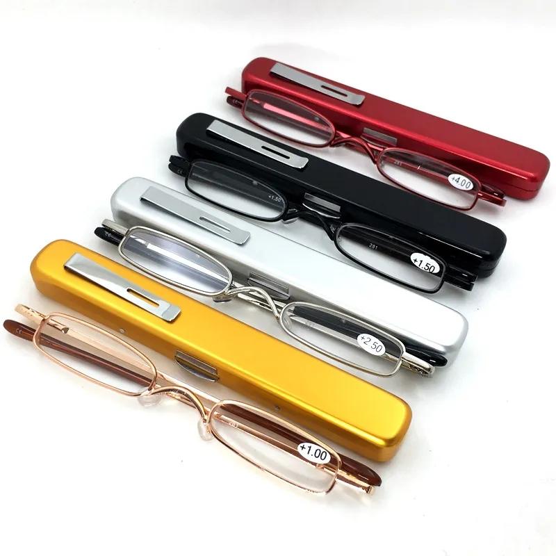 Portable Mini Reading Glasses Men Women Business Ultralight Small Rectangle Blue Light Eyeglasses with Case +100 +125 +150 +400