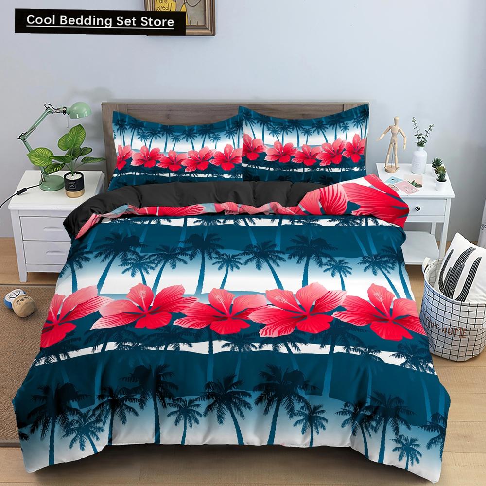 Tropical Coconut Palm Tree King Queen Duvet Cover Hawaii Seaside Sunset Bedding Set Sunrise Plant 2/3pcs Polyester Quilt Cover