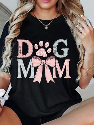Dog Mom Graphic Crew Neck T-Shirt for Women CasualTee with Short Sleeves Pink Bow Paw Print Design Perfect for Mother's Day