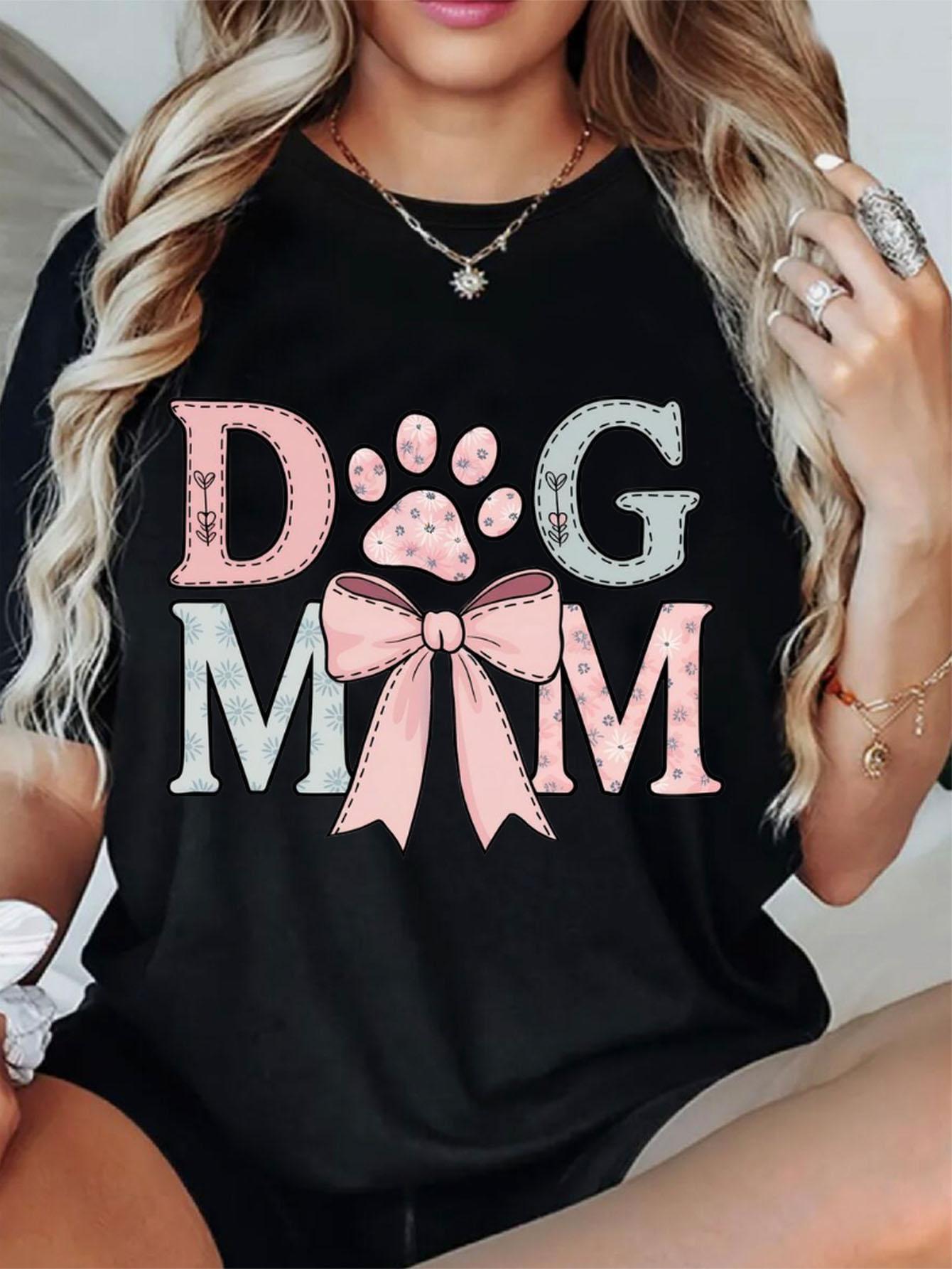 

Dog Mom Graphic Crew Neck T-Shirt for Women CasualTee with Short Sleeves Pink Bow Paw Print Design Perfect for Mother s Day 4XL
