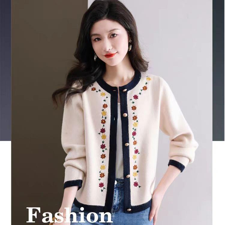 Patchwork Embroidered Knitted Cardigan for Women Solid Color Casual Sweater Coat Autumn and Winter Round-neck Top