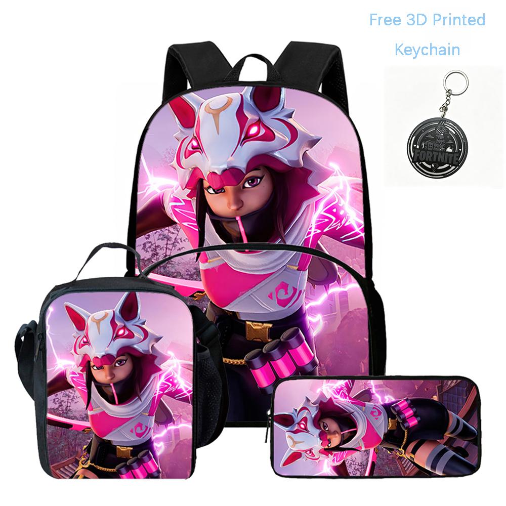 FORTNITE 3Pcs Cartoon School Set, Lightweight Backpack Front Pocket, Lunch & Pencil Case Kids 5-10, Free 3D Printed Keychain