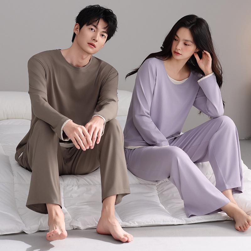 Damen Herbst Modal Baumwoll Pyjama Set: Langärmlig, Lange Hose, Pullover, Bequem, Schlichter Stil, Geeignet für Innen- und Außenbekleidung