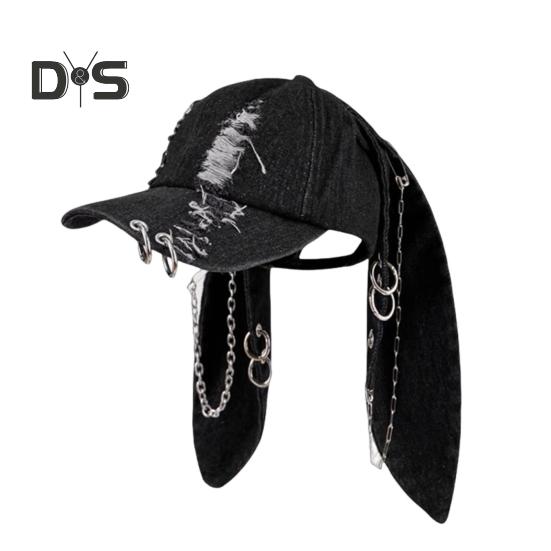 

Темная джинсовая бейсболка в стиле панк, регулируемая джинсовая кепка с потертым дизайном и металлическими кольцами, 3D-уши кролика, уличный аксессуар A