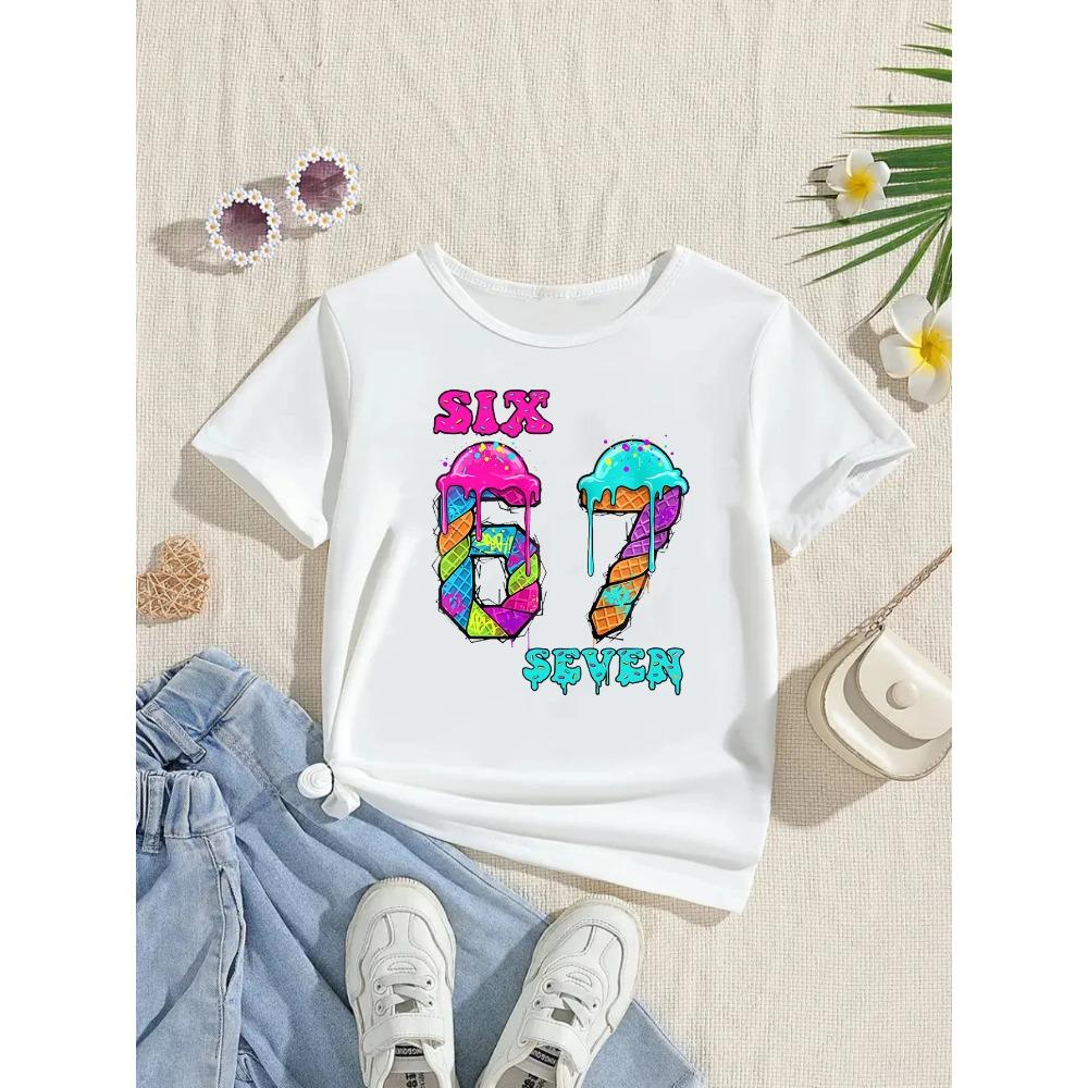 Digital Cartoon 67 Print Summer Childrens ShortSleeved Shirt Comfortable TShirt Girls Fashion Top