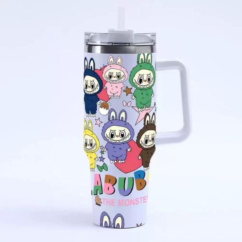 Cartoon pattern Labubu 40oz car cup 304 stainless steel thermos cup Labubu car straw Bingba cup