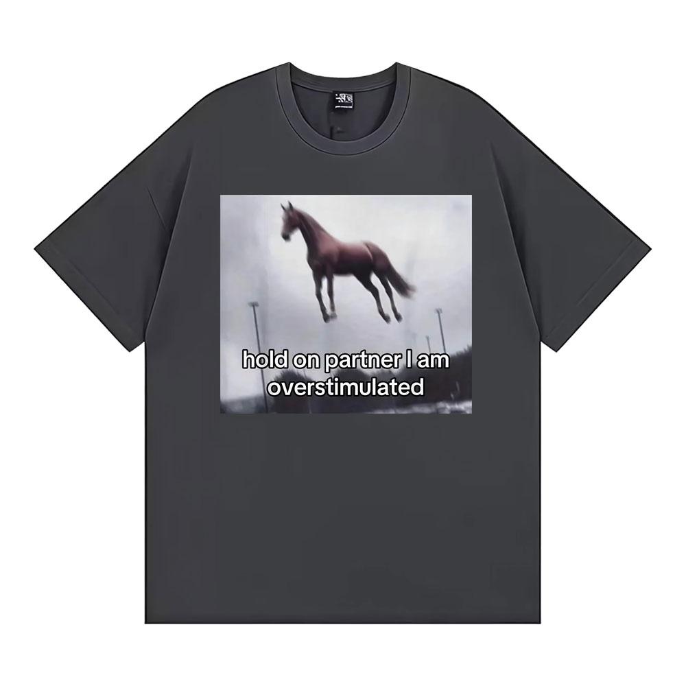 Halte durch, Kumpel, ich bin überreizt Pferd T-Shirt Lustiges Angst-Meme T-Shirts Herren Damen Mode Lässig Humor Kurzarm T-Shirt