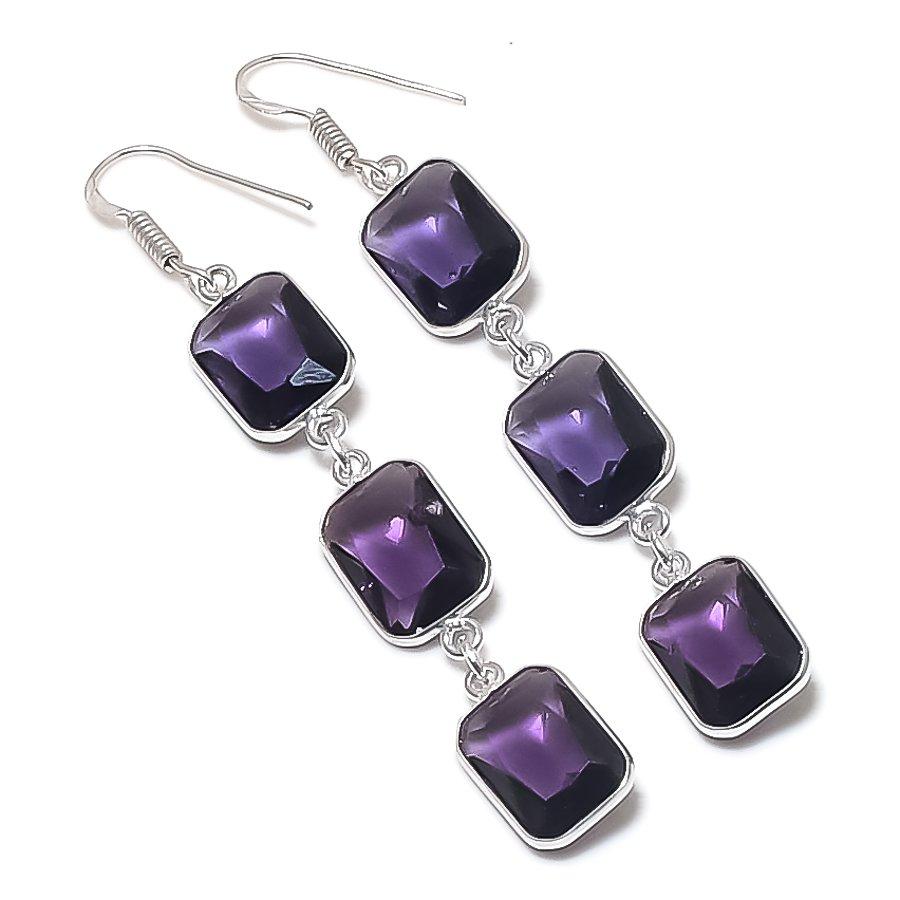 Natural Amethyst Gemstone Handmade 925 Sterling Silver Earring 3.03" w9U22