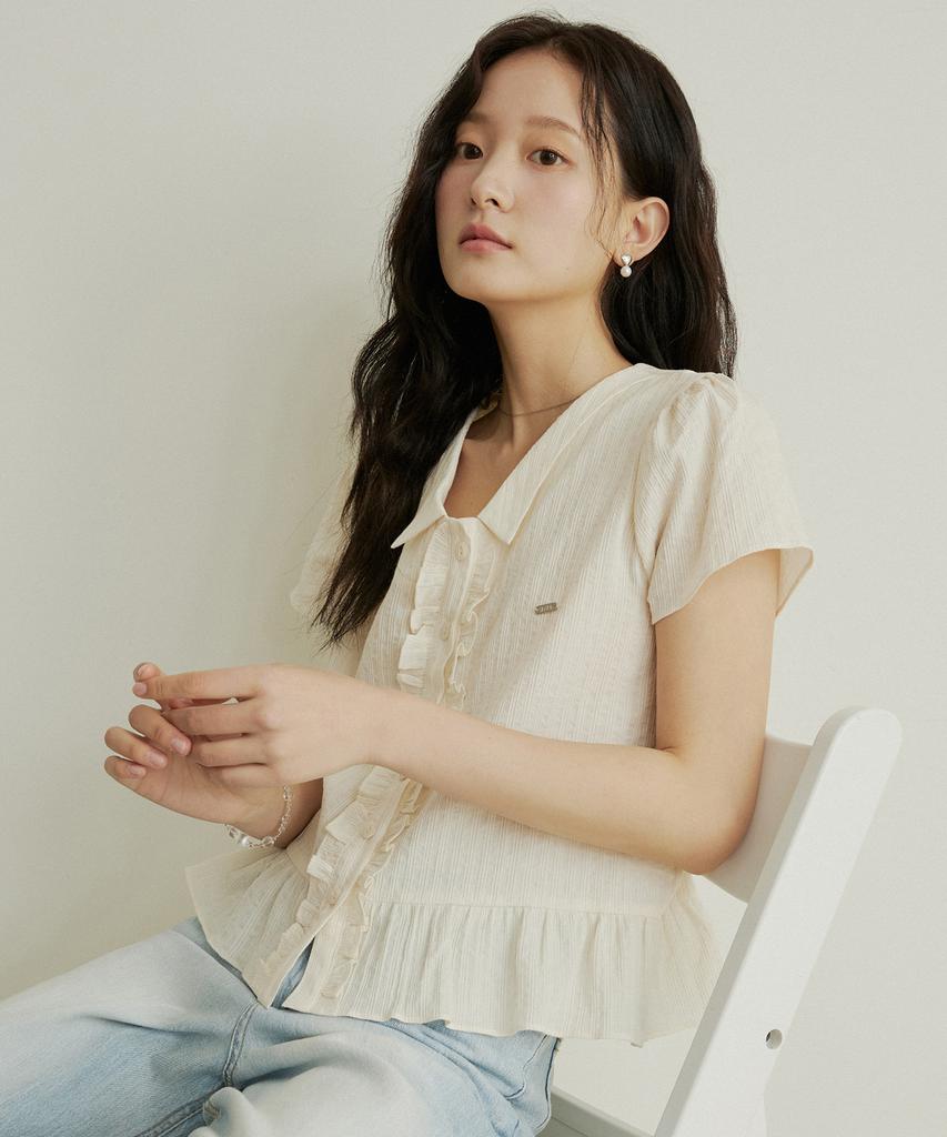 ADAUL Frill Jacquard Cap Sleeve Blouse - Cream
