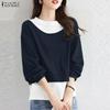 ZANZEA Women Casual Round Neck Long Sleeve Splice Pullover Blouse Autumn