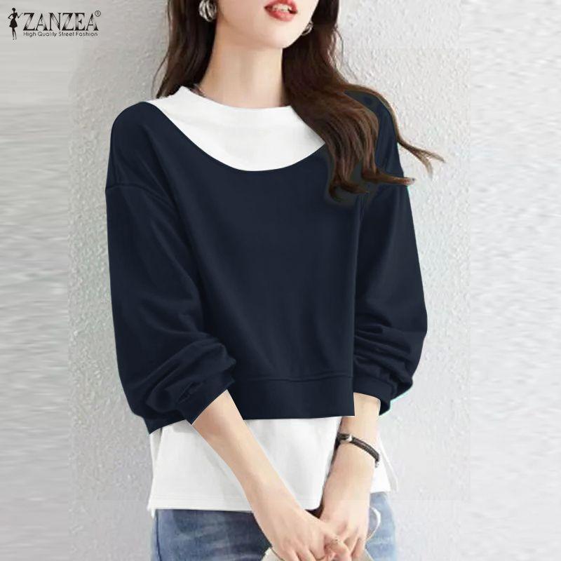 ZANZEA Women Casual Round Neck Long Sleeve Splice Pullover Blouse Autumn