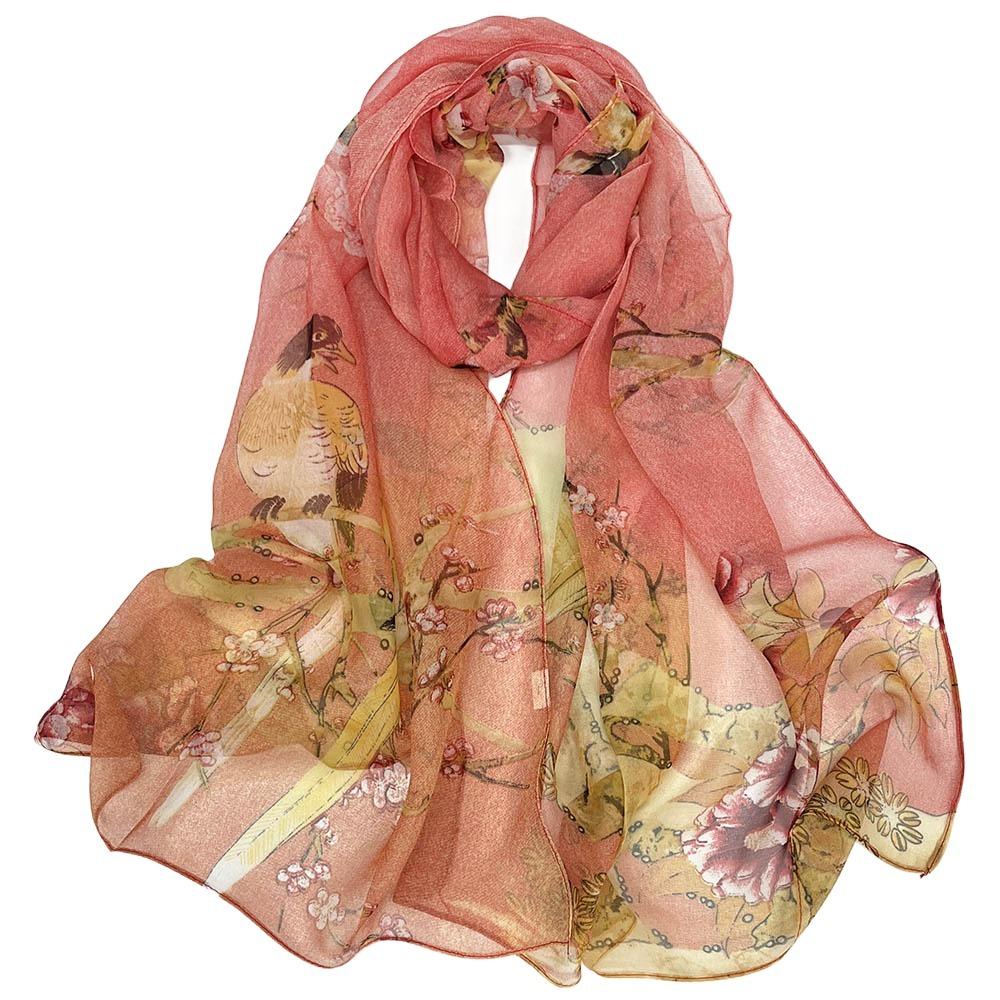 Portable Embroidered Silk Scarf Breathable Sun-Resistant Beach Shawl Silk Smooth Bandana for Women