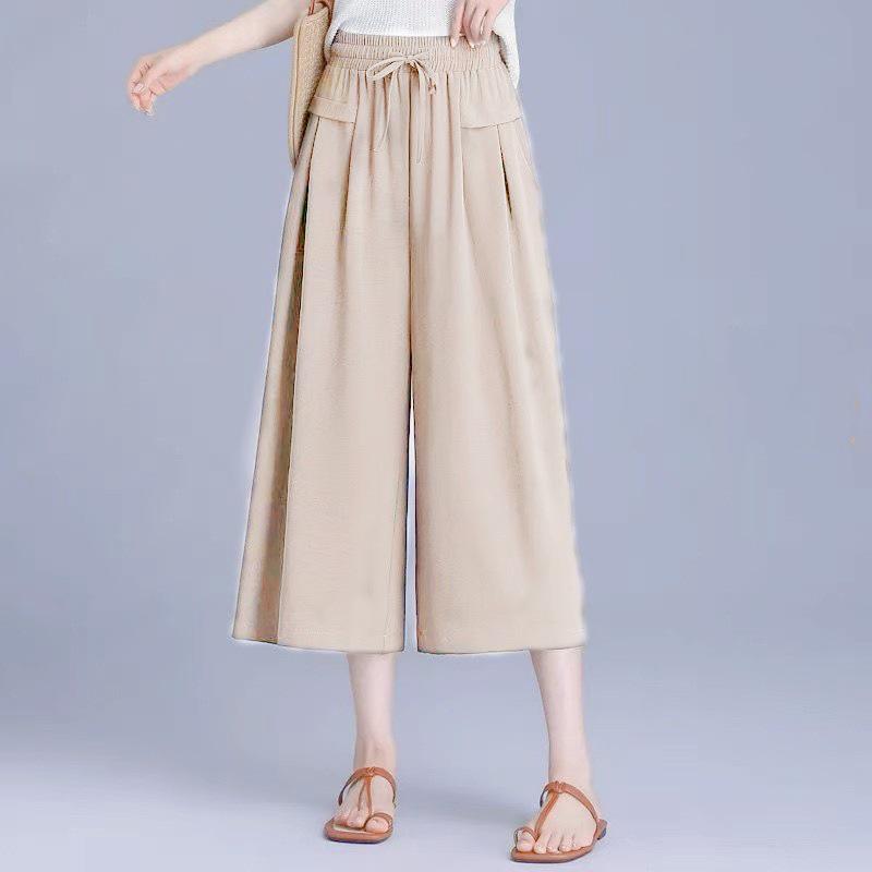2025 Summer High-Waist Ice Silk Cropped Wide-Leg Pants - Korean Style, Casual, Loose, Lightweight Women's Skirt Pants
