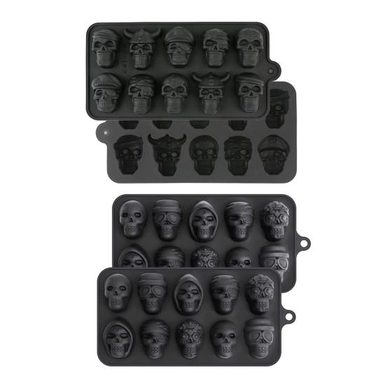 2Pcs Ice Cube Mold 10 Grids Skull Shape Spooky Snacks Halloween Events Molds Food Grade Silicone Easy Demold Baking Mold