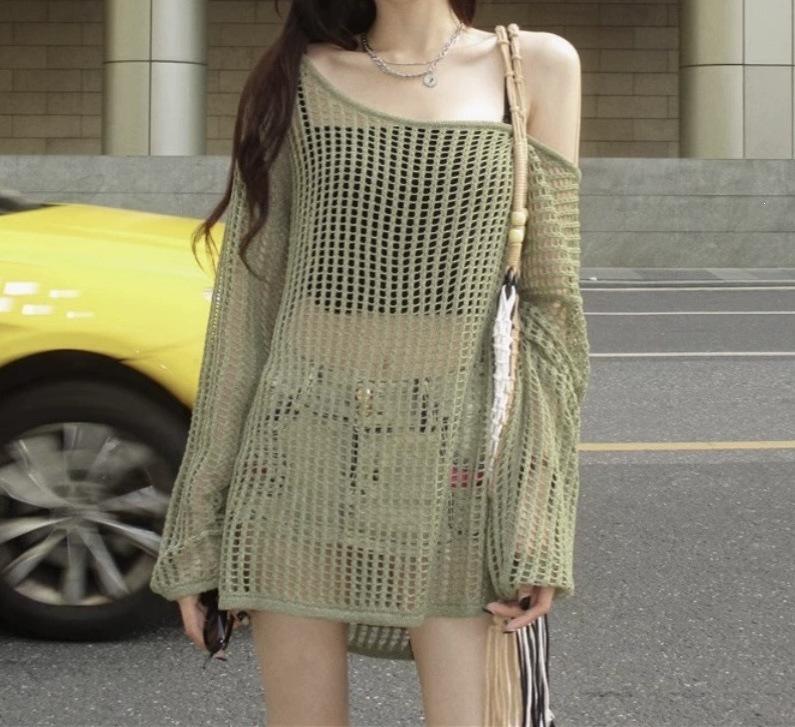 Women's Summer Hollow Mesh Knit Top - Loose Fit, Long Sleeve, Sun Protection