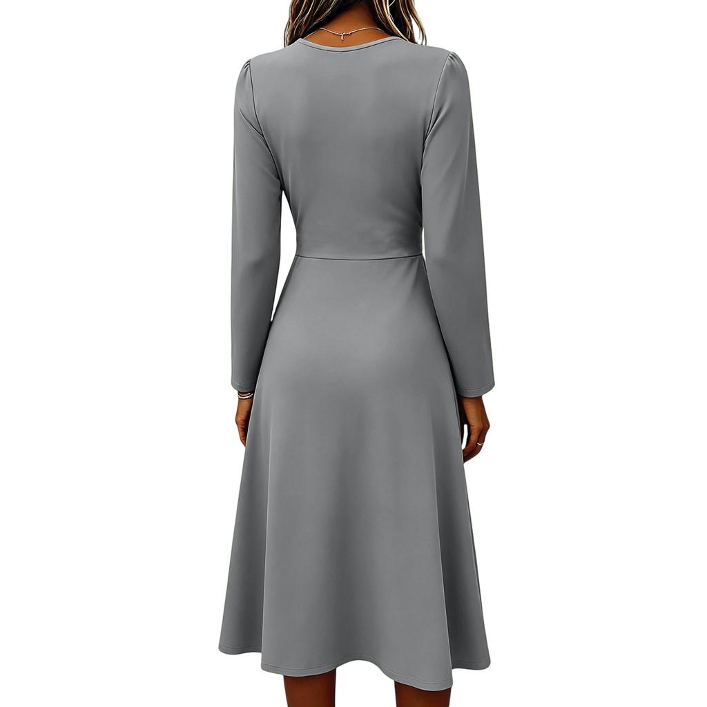 Women's Long Sleeve V Neck Midi Dress Casual Solid Color Elegant A Line Waist Pleated Design Soft Fabric Comfortable Fit