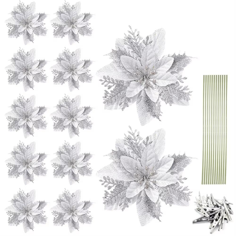 12Pcs With Clips Glitter Xmas Tree Ornaments Multi-color Christmas Floral Decorations  Wedding Decor