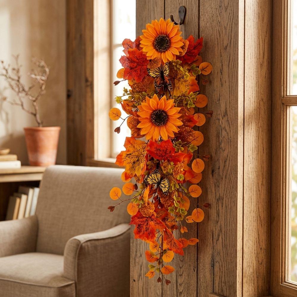 Lifelike Sunflower Wall Hanging Wreath with Butterfly Floral Maple Leaf Ornament  Front Door